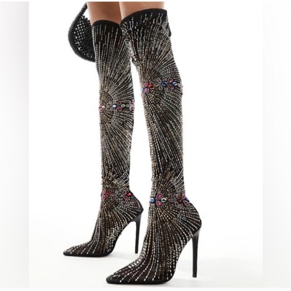 Azalea Wang RHINESTONE CRYSTAL Sheer HIGH Heel STILETTO Sock Boots Chevelle - Picture 6 of 11